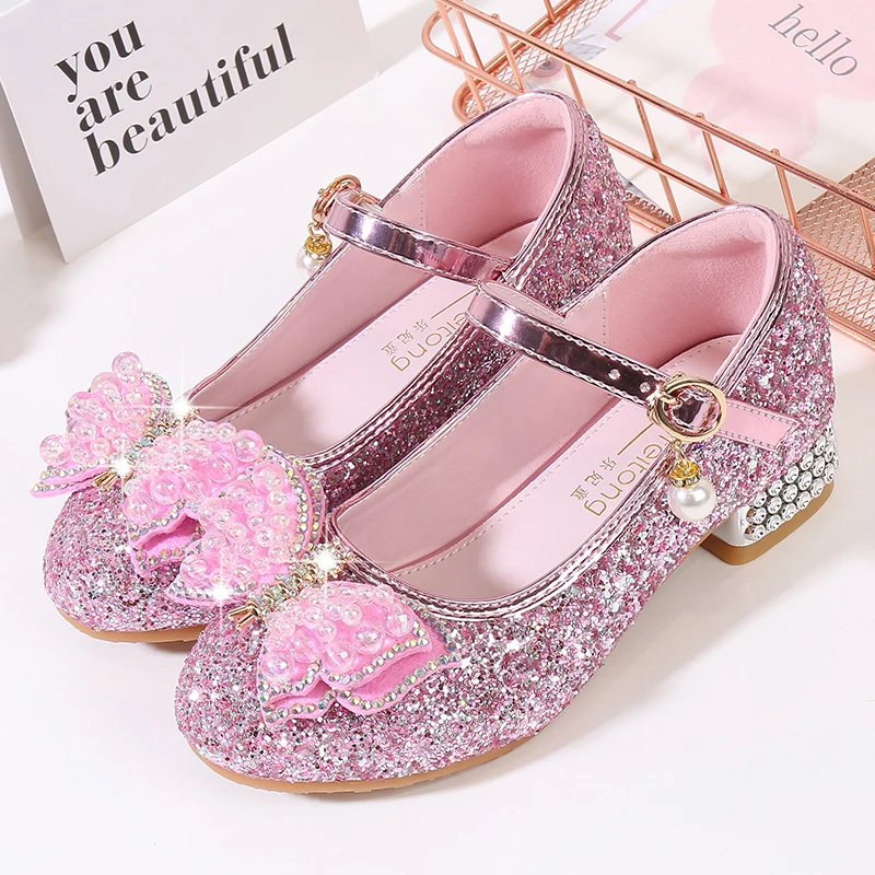 Princess Kids Leather Shoes For Girls Casual Glitter Children High Heel Girls Shoes Sandals Butterfly Knot Blue Pink Silver