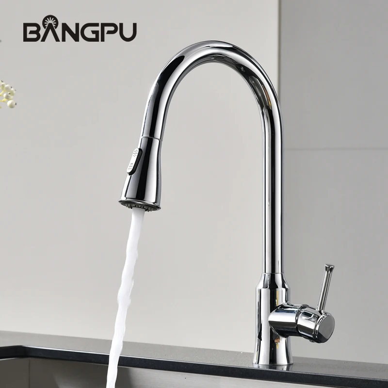 BANGPU Kitchen Pull Out Faucet 1 Hole Sink Faucet Stream Sprayer Nozzl Kitchen Tap Chrome Deck Mounted Single Handle Solid Brass