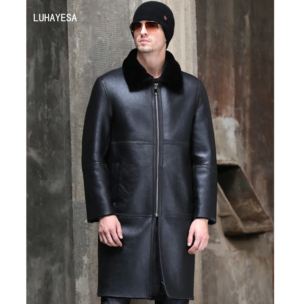 

LUHAYESA Long Sheepskin Shearling Fur Jacket Men Winter Fur Coat Real Sheepskin Leather Genuine Suedue Thicken Long Fur Outwear