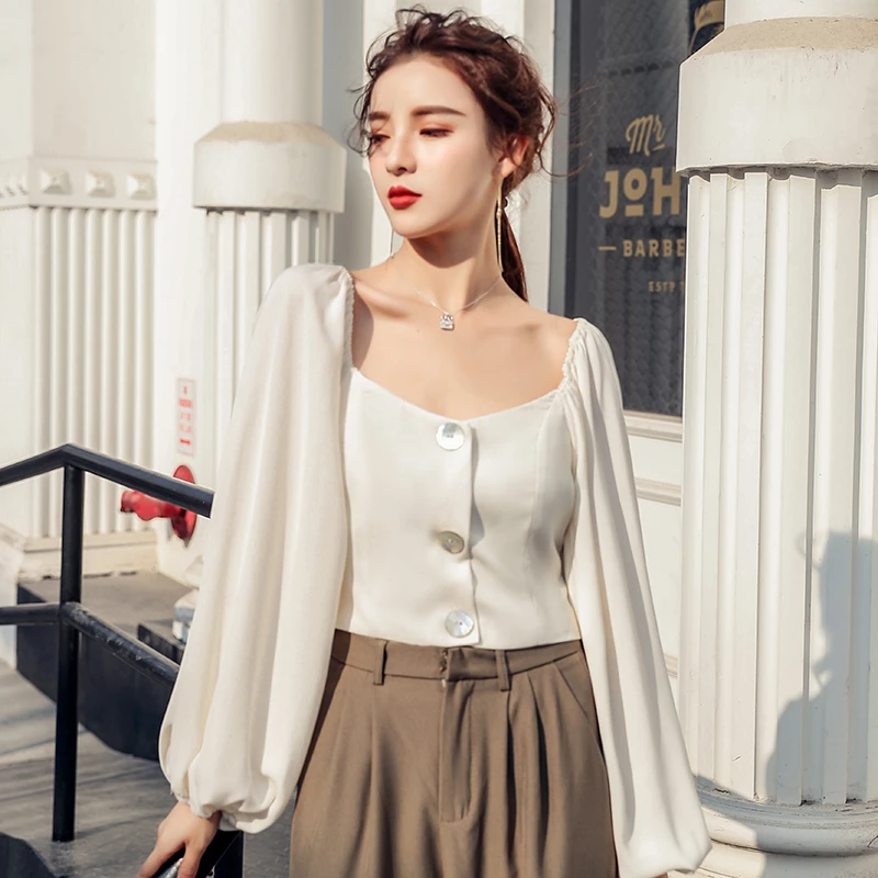 Vintage Women Tops Solid Lantern Sleeve Square Collar Female Blouses Shirts Summer Ladies Button Short Style Patchwork Blouses