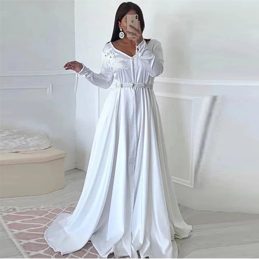 

White Moroccan Kaftan Caftan Muslim Evening Dresses A-line V-neck Long Sleeves Applique Dubai Arabic Turkey Abaya Islamic Gown