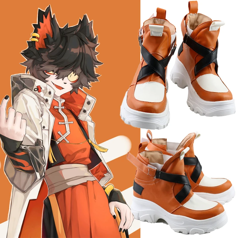 Arknights Aak cosplay wigs tail ears and White Orange Shoes Cosplay Long Boots Leather Custom Made For Party Christmas Halloween