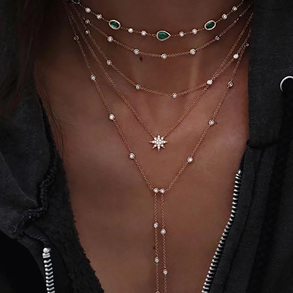 Neue Vintage Kristall Geometrie Stern Mond Schloss Halskette Für Frauen 2020 Boho Multi-level Anhänger Halsketten Colliers Schmuck geschenk – Detail 12