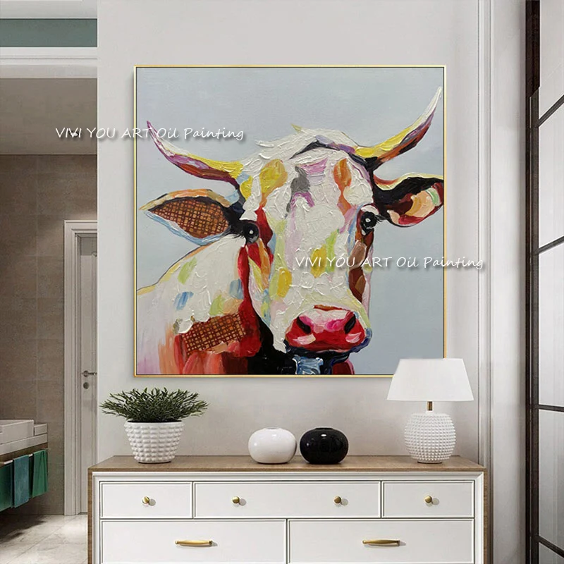 The 100% Handpainted Cow Bull Canvas Painting Modern Best Large Simple Artwork Pictures Thick Oil Wall Unframed Art Decor Animal