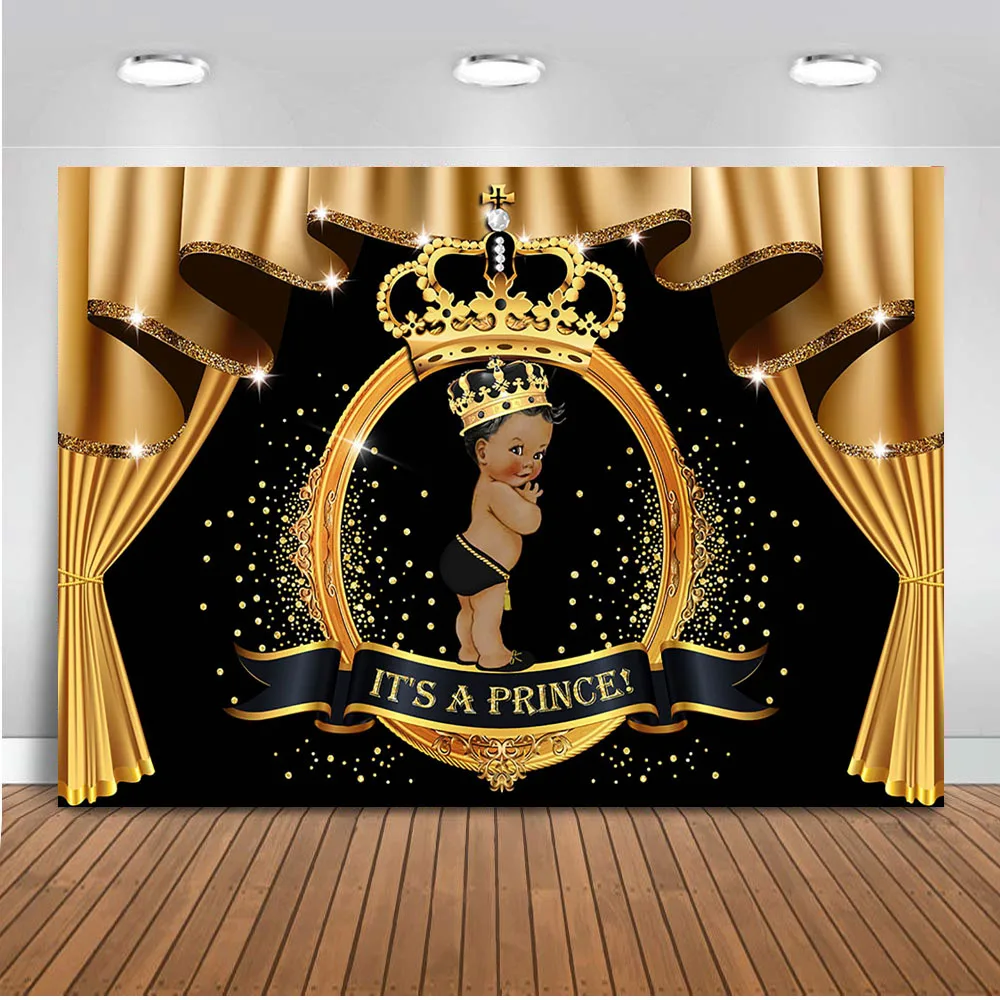 

Royal Baby Shower Backdrop Golden Crown and Curtrain Background It's a prince Baby Shower Party Decoration Props Dessert Table