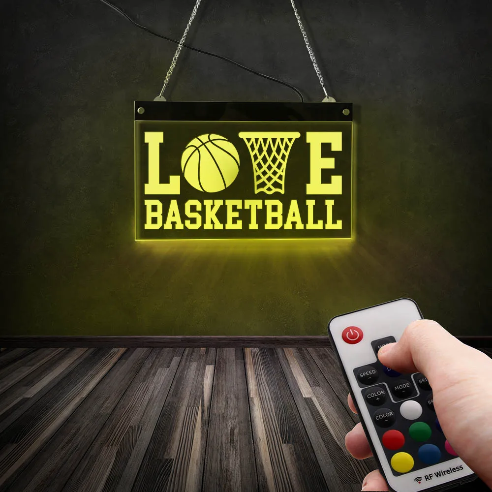 LOVE BASKETBALL Rectangle Acrylic Neon Light Board Ball Basket Bag Icon Multi-color Lighting Wall Art Basketball Club LED Signs