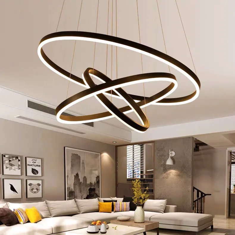 Moderne hanglamp led-ringen cirkel plafond hangende kroonluchter zwarte loft woonkamer eetkamer keuken binnenverlichting