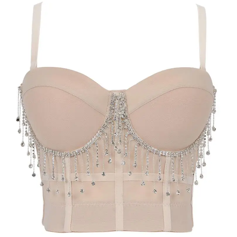 

2021 Women Camisole Top Diamond Crystal Tassels Corset Sexy Cropped Push Up Bustier Bra Night Club Party Tank Top p104