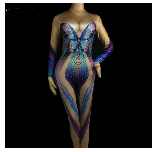 Sexy Stretch Crystals Bodysuit Female costume blue Butterfly Rhinestones Jumpsuit Bar Singer Stage wear performance Party