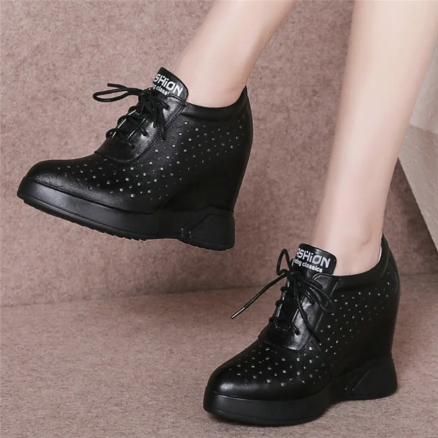 

2021 Casual Shoes Women Genuine Leather Wedges High Heel Vulcanized Shoes Female Lace Up Breathable Pumps Shoes Fashion Sneakers