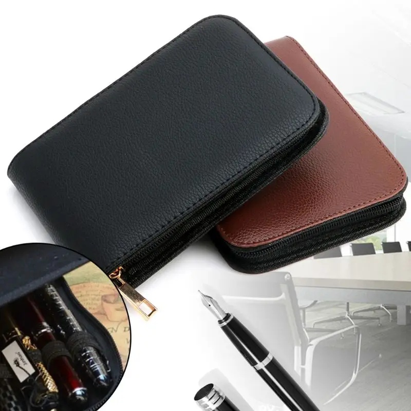 12 Pens Fountain Pen/Roller Pen Faux Leather Zipper Case Holder New Big Capacity Storage Bag Organizer Stationery