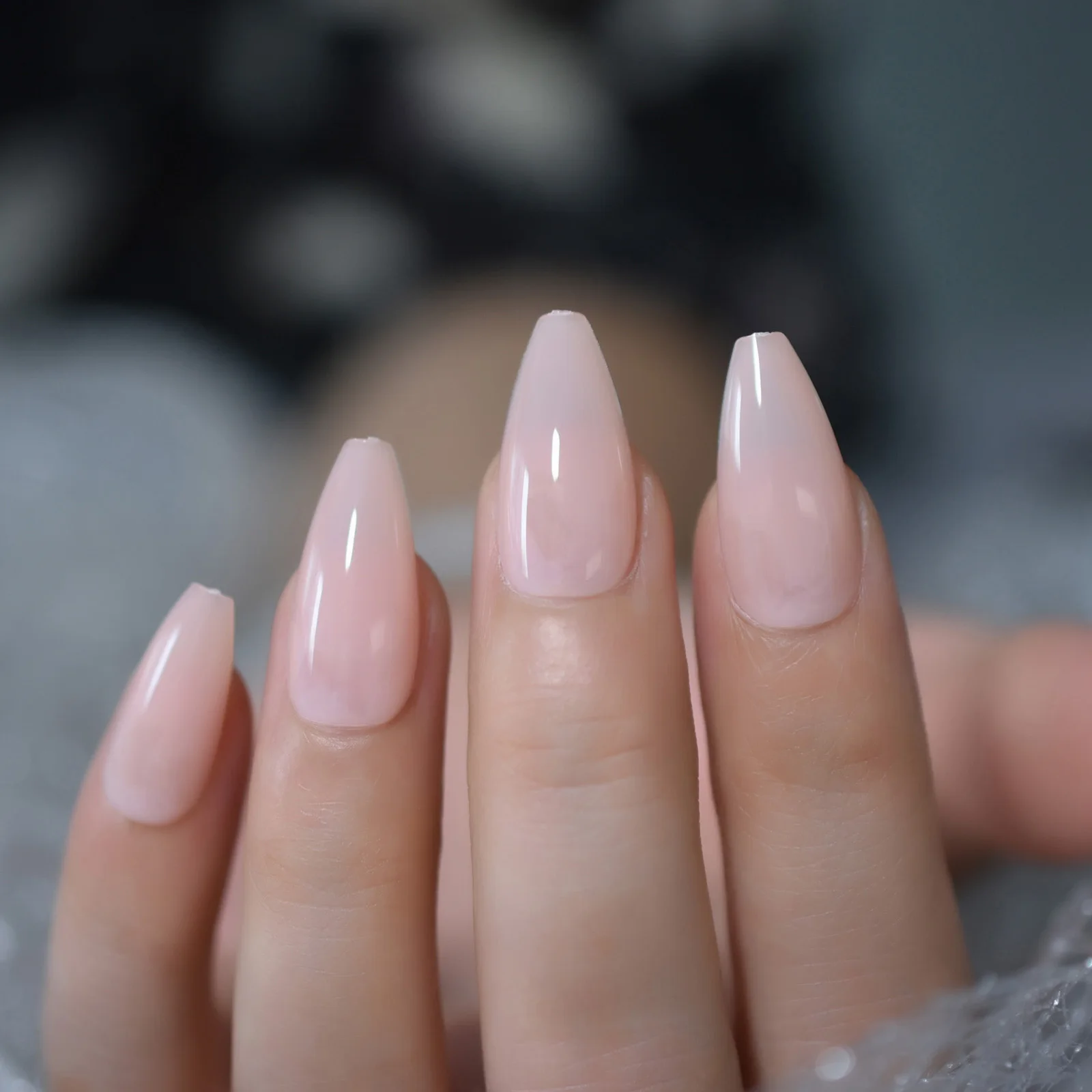 Glossy Gel Nude Pink Full Cover Press On False Nails Medium Coffin Ballet Solid Color Fake Nails Set Long Nail Tips