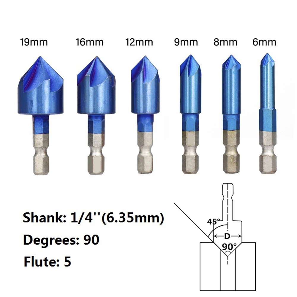 

Набор сверл из быстрорежущей стали для снятия фаски, 6-19 мм, 90 градусов, 5 зубьев, 6 шт.