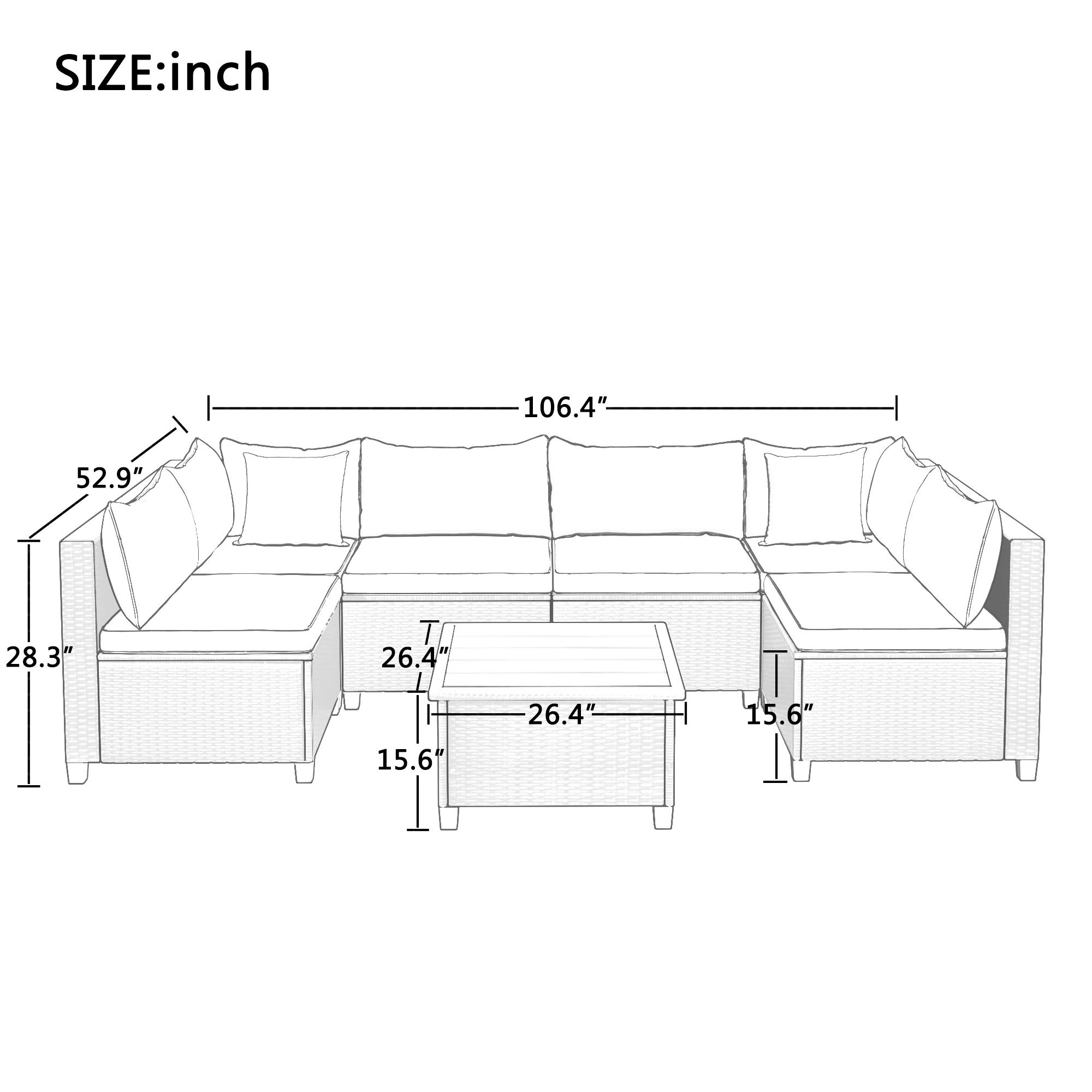 U-Shape Rattan Wicker Outdoor Patio Furniture Set Sectional w/ Cushions&Accent Pillows 1 Table+4 Armless+2 Corner Sofa[US-Depot]