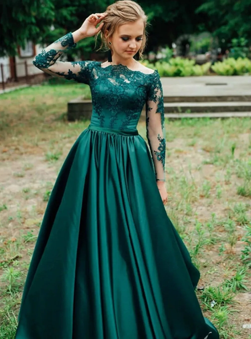 Vestidos De Noche De satén verde Vintage, De encaje, manga larga sin hombros, para fiesta De graduación, largo hasta el suelo