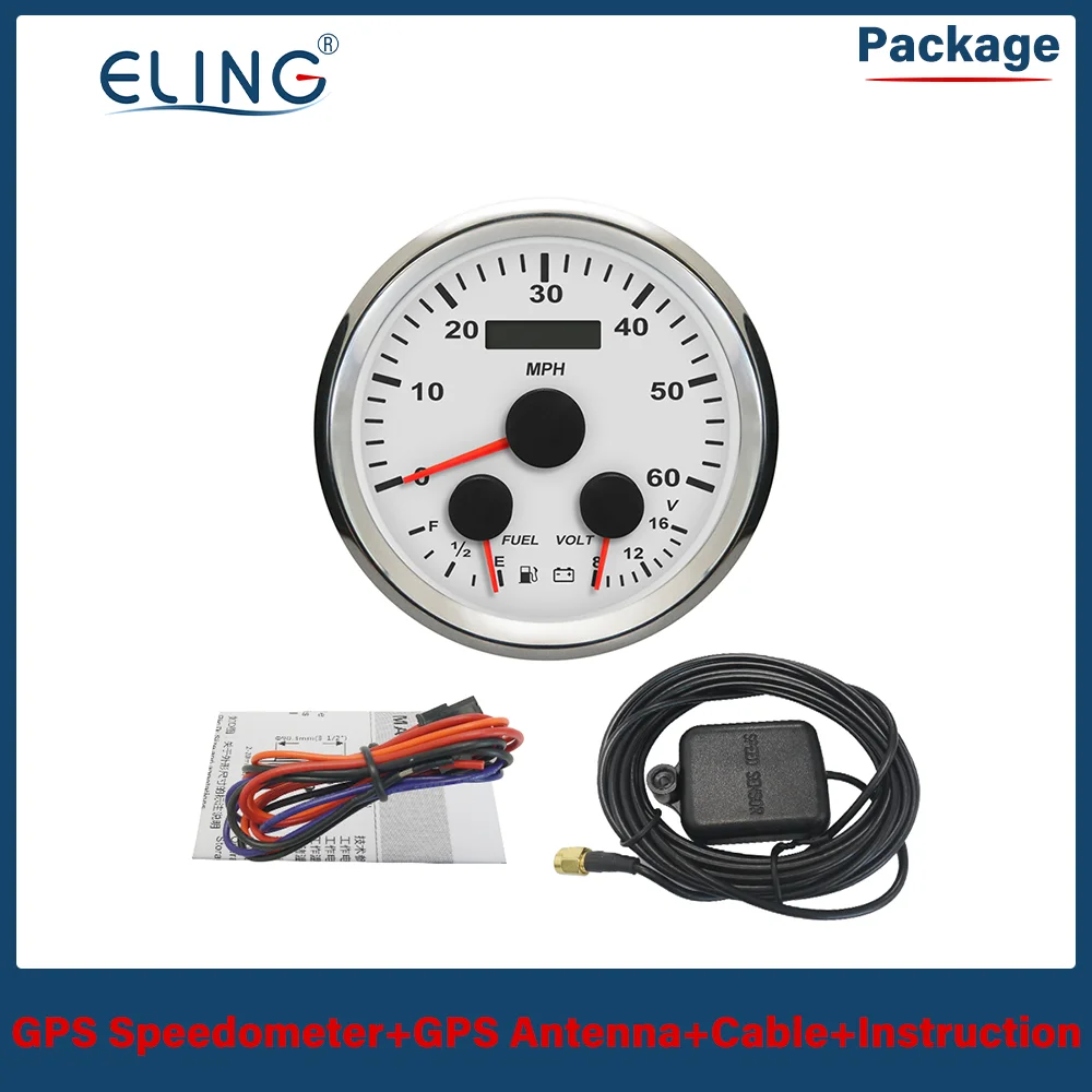 ELING Universal 85mm GPS Speedometer 0-60MPH Odometer with Fuel Level 8-16V Voltmeter Red Backlight with GPS Antenna for Car