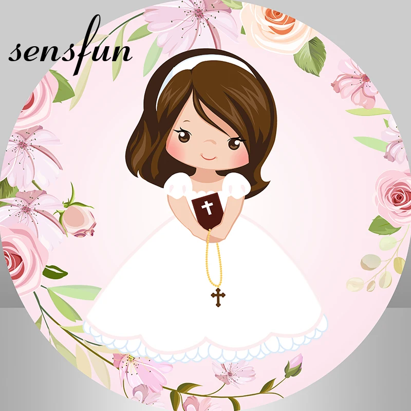 Sensfun Mi Primera Comunión Round Backdrop Covers Pink Flowers Girls Baptism God Bless Circle Photography Background