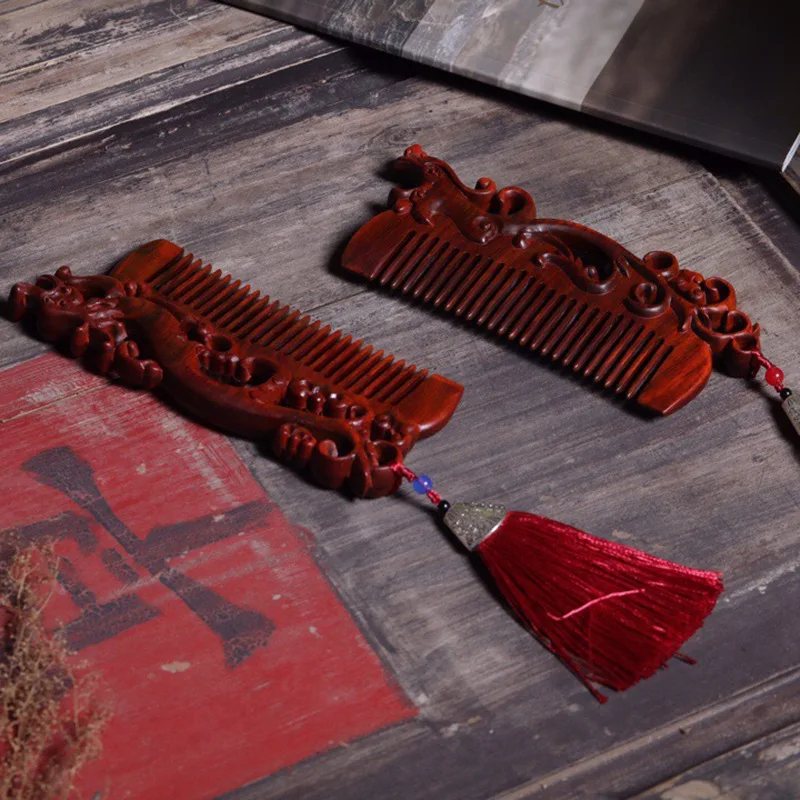 

Girlfriend Gift Carved Wood Crafts Comb Natural Red Sandalwood Comb Wedding Couple Dragon and Phoenix Hairdressing