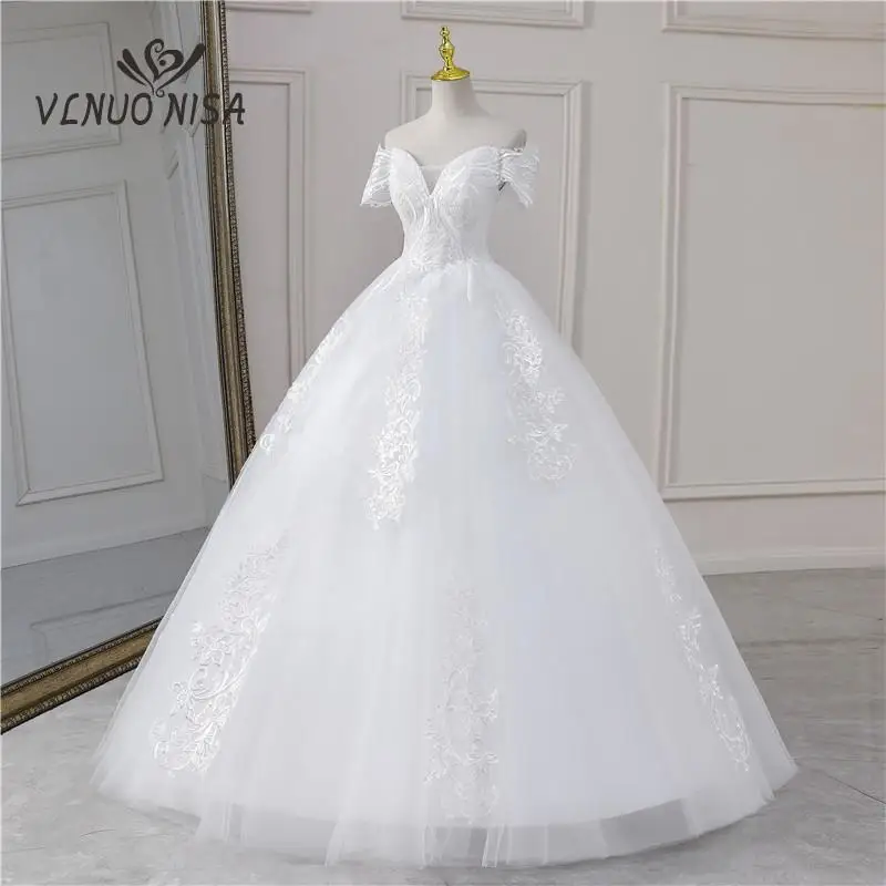 Vlnuo Nisa Echt Video Neue Mode Off Shouder V Neck Plus Größe Hochzeit Kleid mit Hülse Lange Spitze Appliques Braut kleid Nach