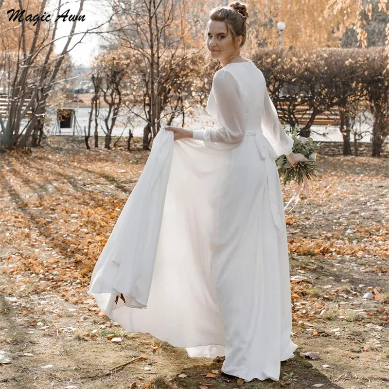 Magic Awn – robe de mariée en mousseline de soie, manches longues, style Boho, col en v, fente latérale, ligne a, robe de soirée de mariage, Illusion