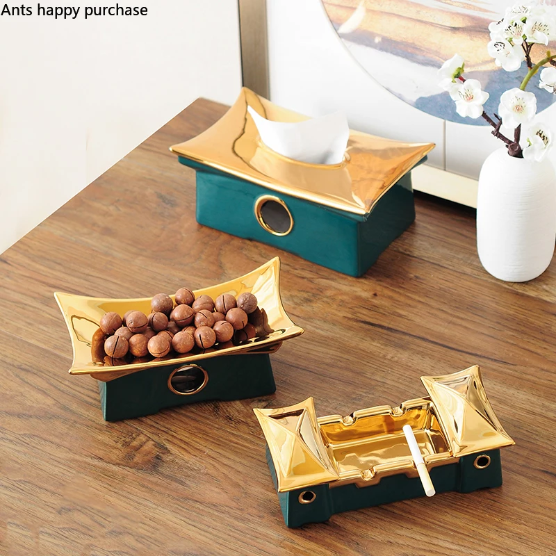 

Chinese Ceramic Ornaments Ancient City Tissue Box Napkin Box Ashtray Fruit Plate Snack Tray Home Decoration Accessories Crafts