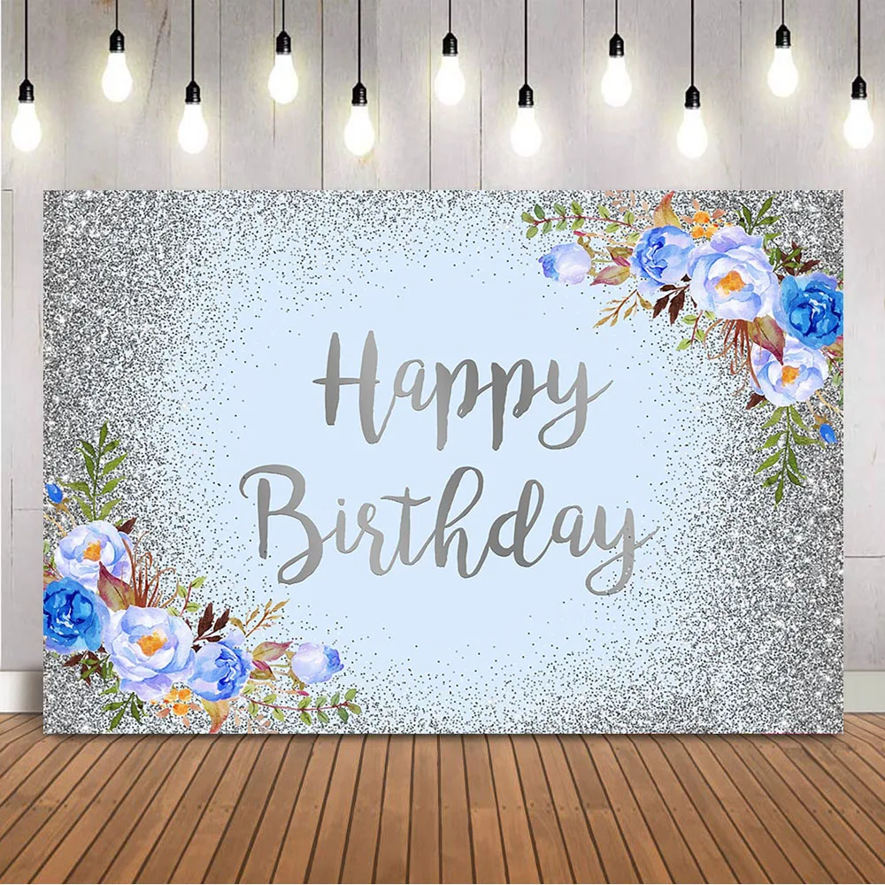 Sliver Glitter Birthday Backdrop Blue Flowers Happy Birthday Photo Background Shining Dots Kids Children Photocall Props