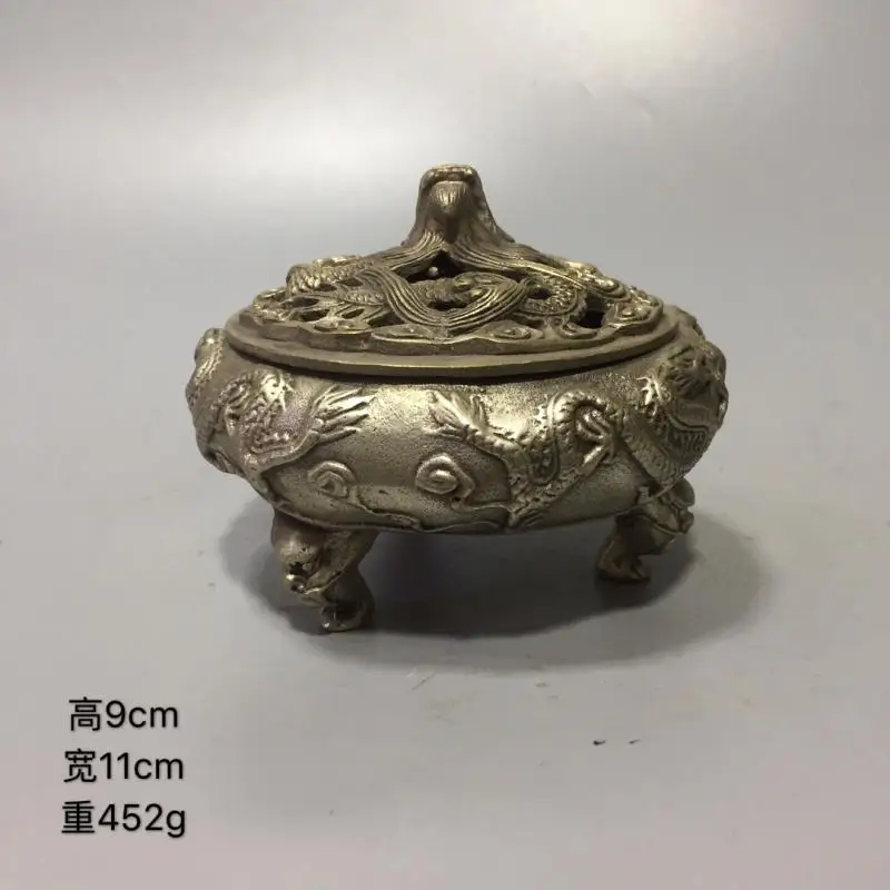 Collectible archaize white copper nine dragon Incense Burner/Holder Cupronickel play The Ball Sandalwood Censer Incense