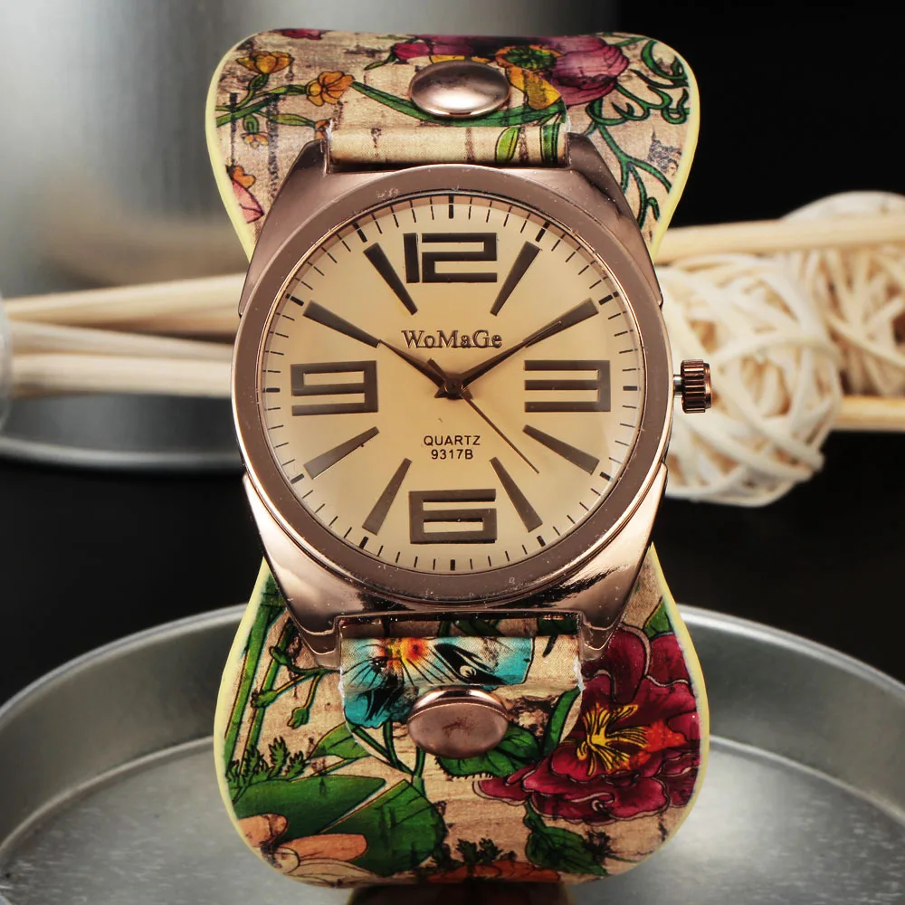 Womage-relojes grandes de estilo bohemio para mujer, pulsera de cuero, de cuarzo, a la moda
