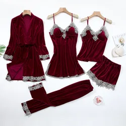 Sexy Lace Nightwear Pajamas Suit Intimate Lingerie Women Velour Sleep Set 5PCS Kimono Robe Velvet Soft Homewear Sleepwear