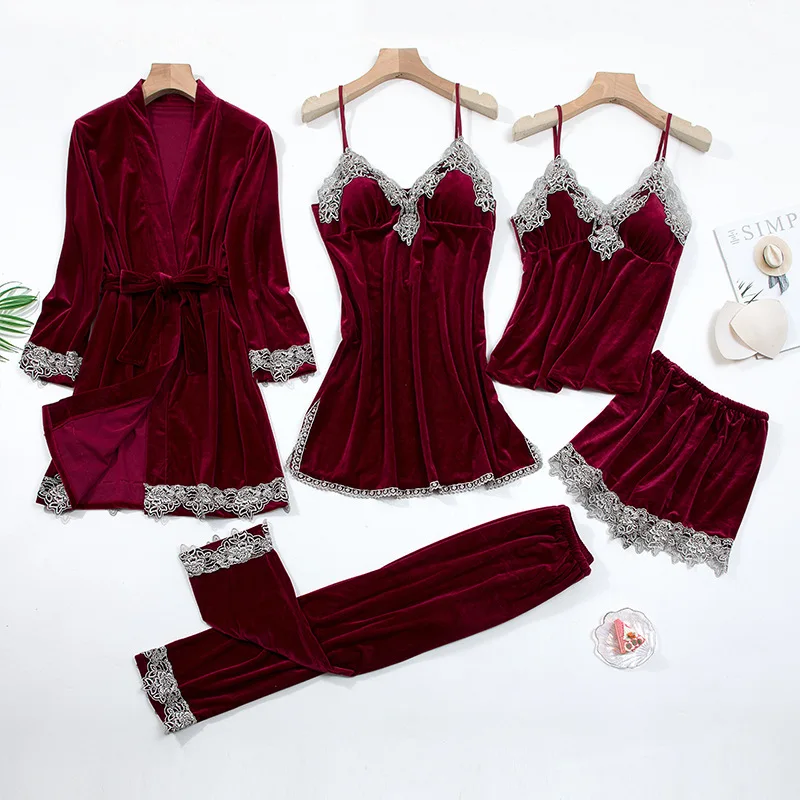Seksowna koronkowa bielizna nocna piżama bielizna intymna kobiety welurowy zestaw do spania 4 szt. Kimono szata aksamitna miękka bielizna nocna Homewear
