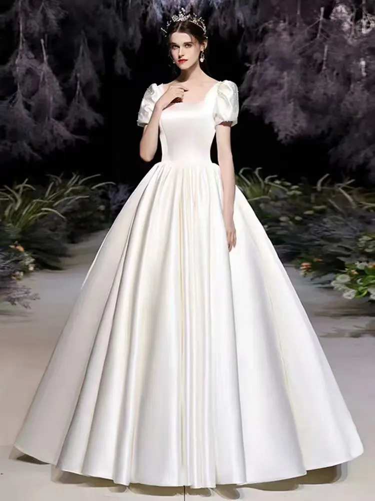 Hot Sale Simple Satin Wedding Dress Vestidos Vestido De Noiva Short Dleeves Quarter Collar Robe To Be Robe De Mariage