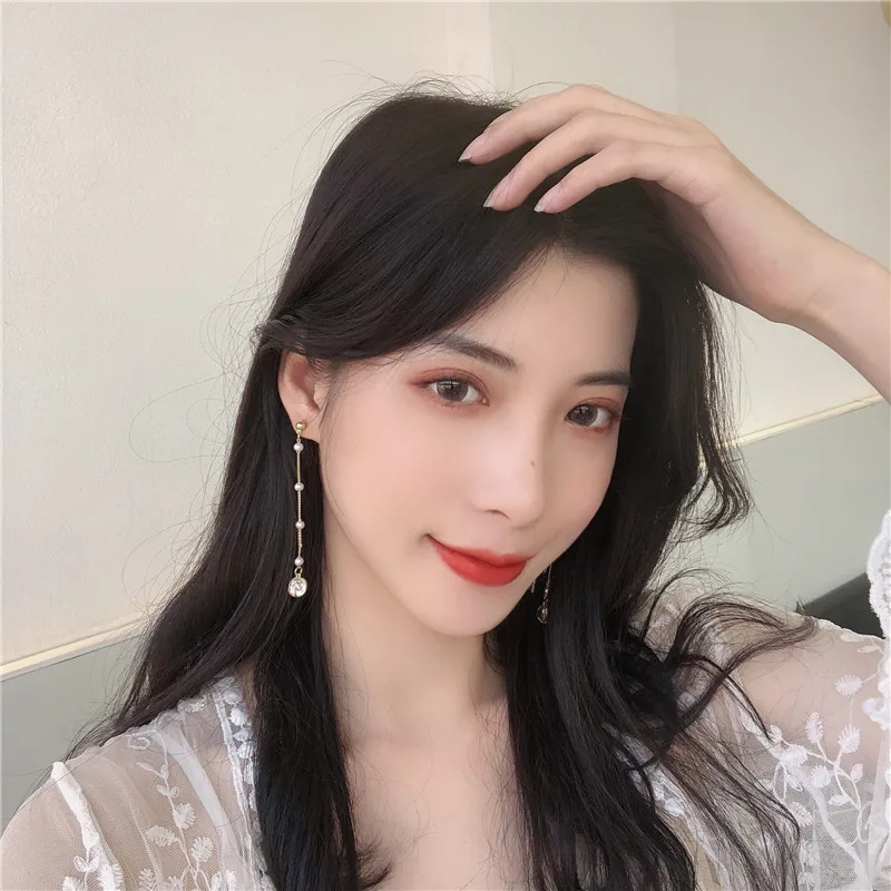 Korea Style Fairy Long Pearl Tassel Zircon Clip on Earrings No Hole Temperament Simple Shiny Rhinestone Hollow Ball Earrings