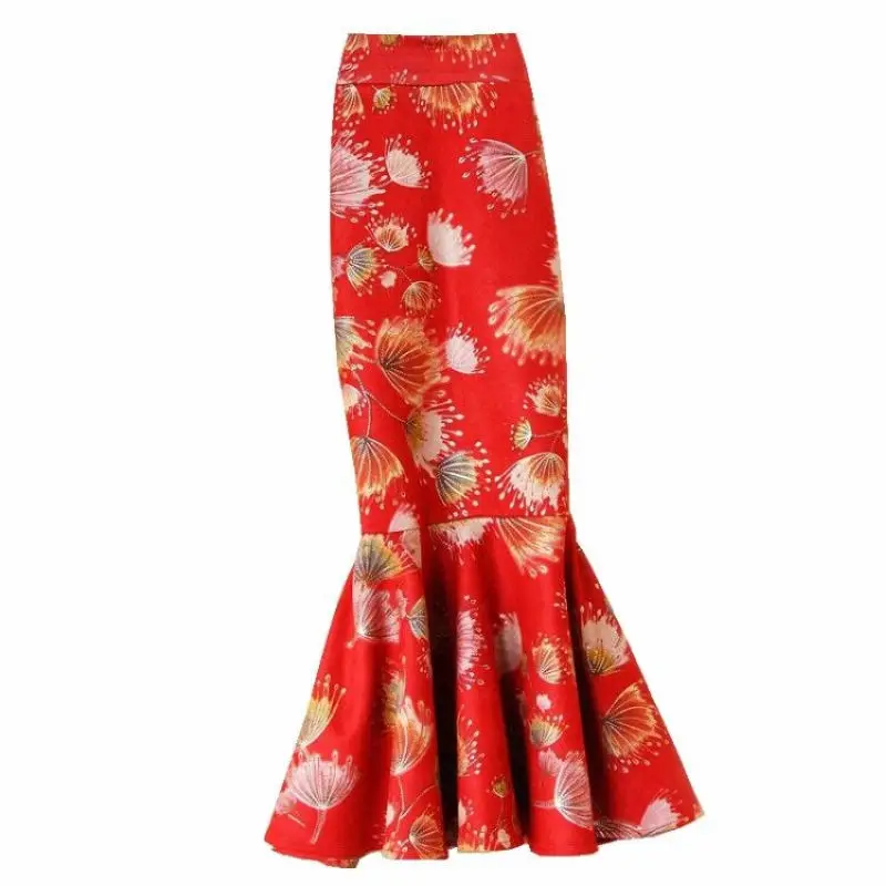 

Free Shipping Fashion Long Mid-calf Skirt Women Plus Size S-4XL Mermaid Style Stretch Ladies High Waist Suede Skirt Flower Skirt