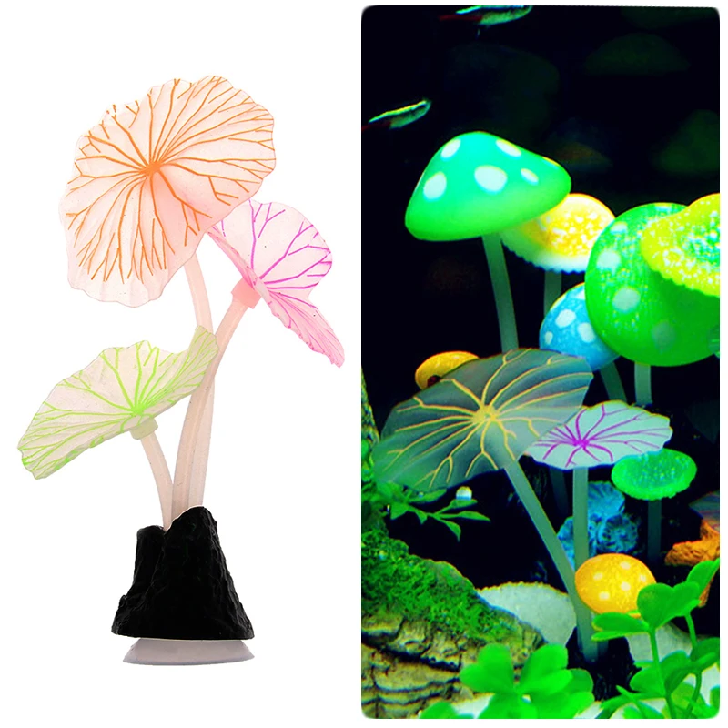 Fluorescent Artificial Glowing Lotus Leaf Mushroom Ornament Luminous Silicone Plant Aquarium Decor Fish Tank Accessories