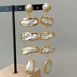 YYGEM Natural multi shape White Freshwater Pearl Yellow Gold Wrap Stud Earrings wedding classic for women