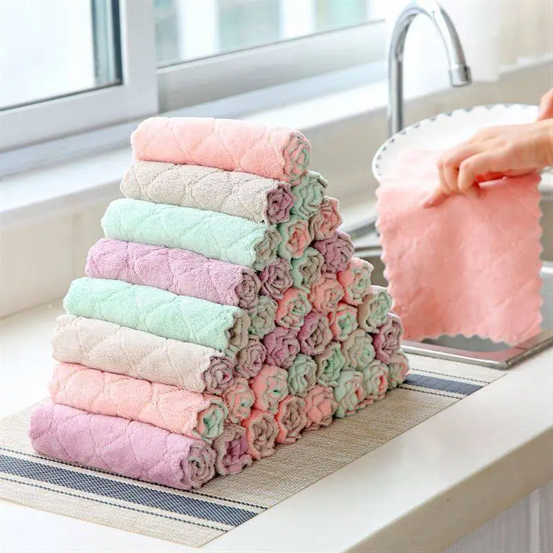 Dish Cloth Kitchen Cleaning Towel Non-stick Oil Dish Double Color Absorbent Degreasing Towel Rag Thicken Coral Fleece