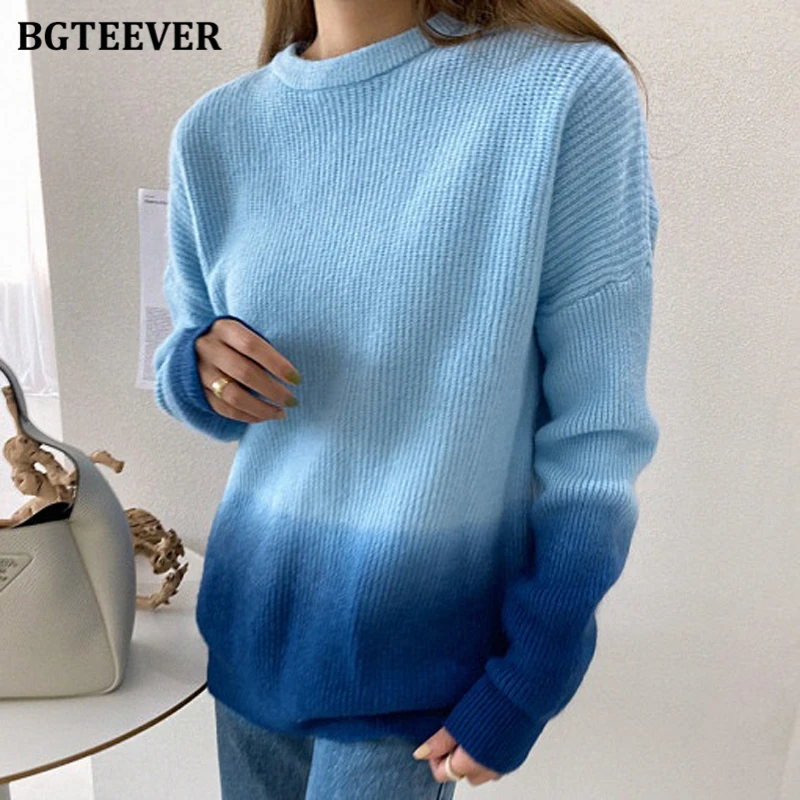 BGTEEVER Stylish Loose Gradient Women Sweaters Pullovers 2022 Spring Knitwear Long Sleeve Female Knitted Jumpers Tops