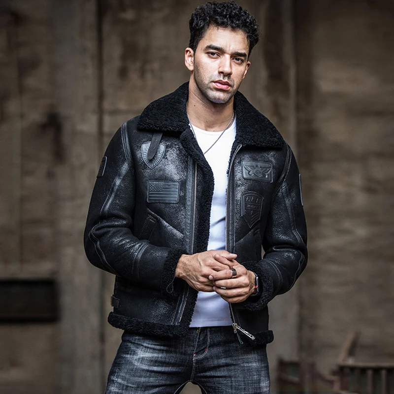 

Denny&Dora Men's Shearling Jacket Black B3 Bomber Jacket, Winter Flight Leather Jacket