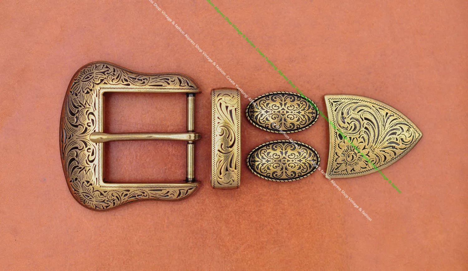 Brass Plated  Western Cowboy Rodeo Flower Craved Men Leathercraft Accessories Belt Buckle 5 Pieces Set Unisex Fits 1 1/2" Strap