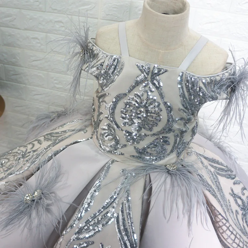 New Silver Embroidery Baby Girls Dresses Satin Feather Infant Kids Clothes Children Birthday Party Dress 1 2 4 8 12T