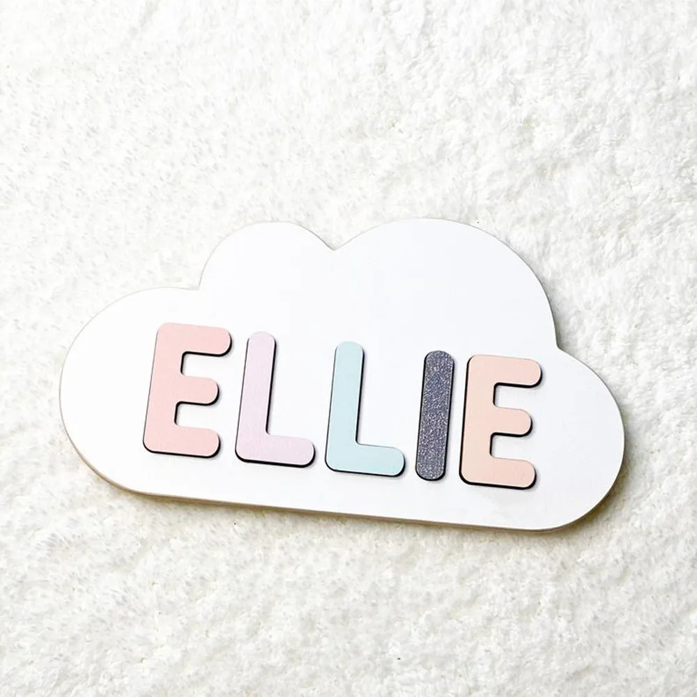 Custom Name with cloud nursery Wood Puzzle - Baptism Present - Wooden Toys - Baby Christening birthday name puzzles gifts