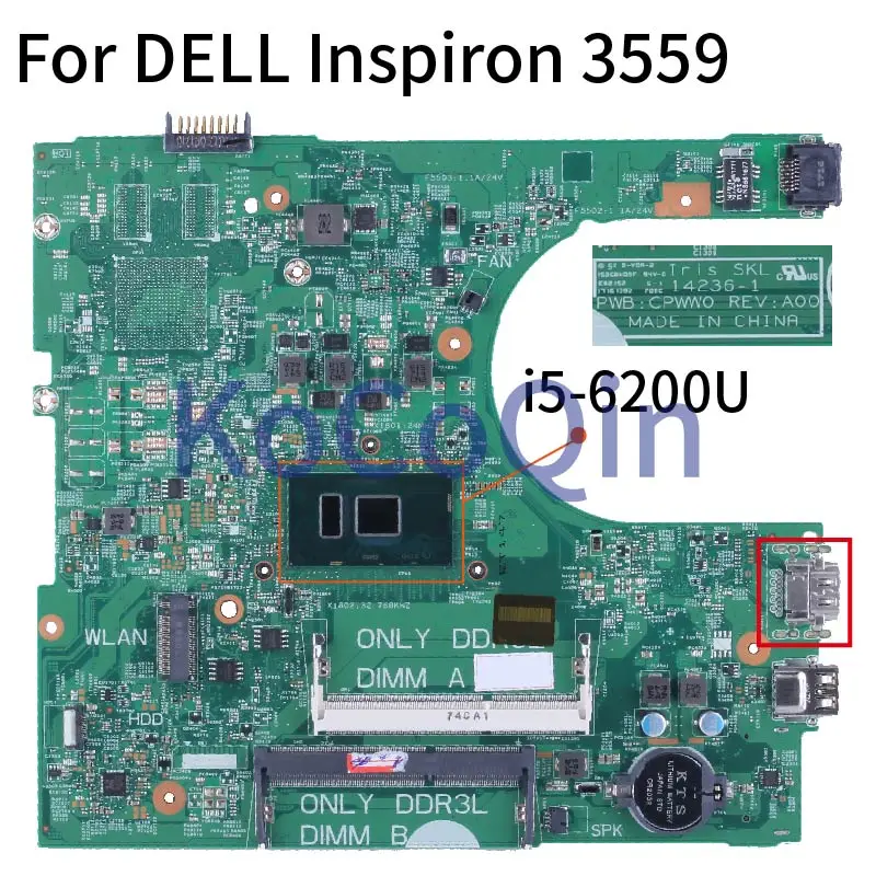 For DELL Inspiron 14R 3459 3559 I5-6200U Notebook Mainboard CN-030J5G 14236-1 SR2EY DDR3L Laptop Motherboard