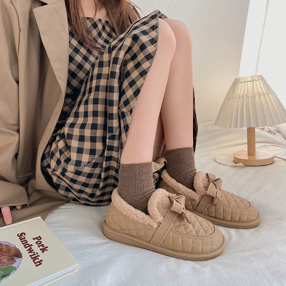 Bow Tie Cotton Shoes for Women To Wear Out The New Fashion In Winter 2022, Versatile Plush Warm Sleeve Lefu Shoes for Women