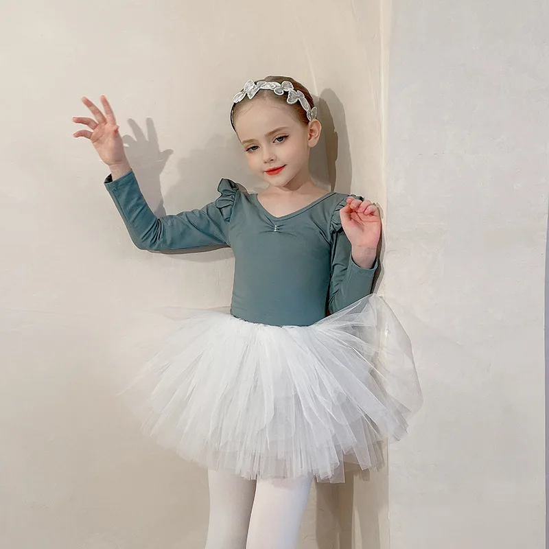 Girl Ballet Tutu Dress Professional Kids Gymnastics Dance Ruffles Long/Short Sleeve Leotard  Practice Ballet Costume Ballerina