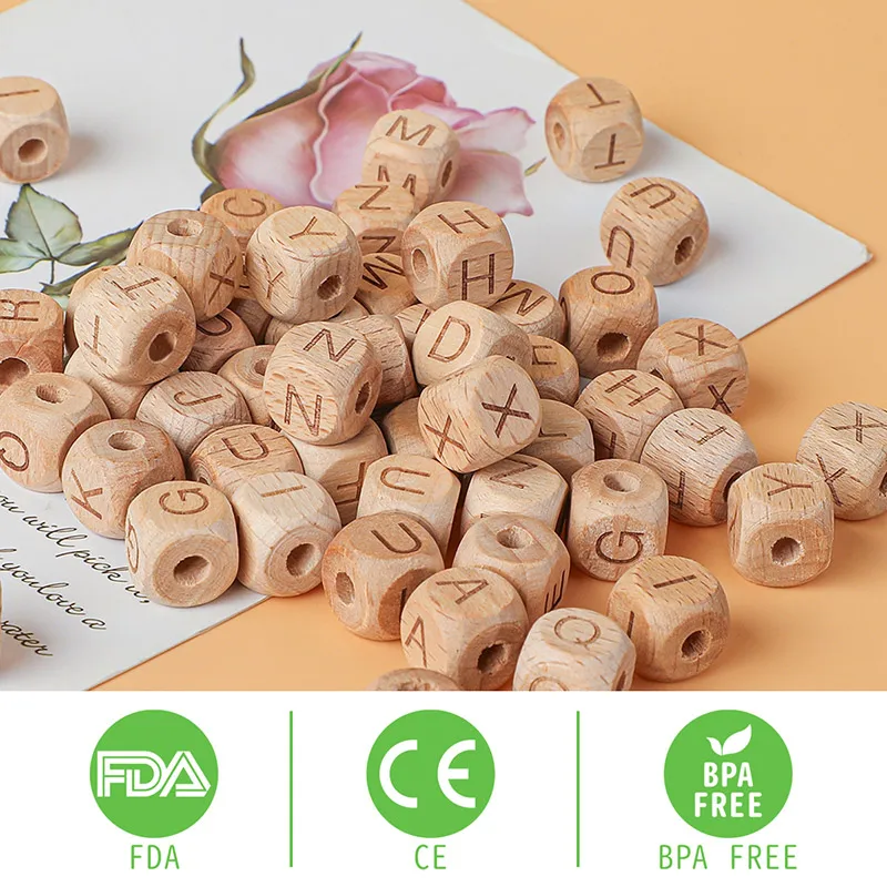 TYRY.HU 100Pcs Natural Mixed Wooden Alphabet Beads 12mm Wooden Letter Beads Making Baby Bracelet Jewelry DIY Accessories