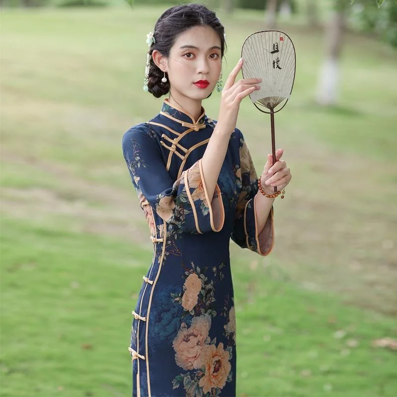 Old Shanghai Cheongsam Gaun Qipao Wanita Elegan Vintage Gaya Cina Baru Musim Gugur 2022 Gaun Lengan Panjang Hanfu Elegan