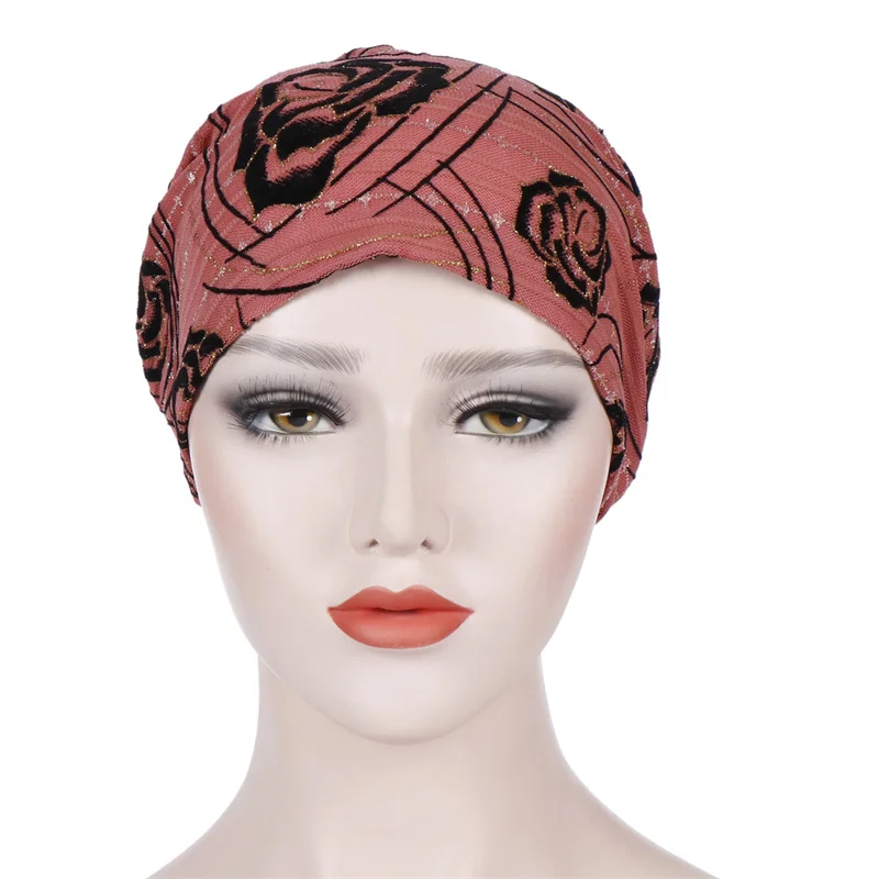 Turbante de encaje de flores rosas creativas para mujer, gorros de bufanda, gorro musulmán, gorro de quimio, accesorios para el cabello, envoltura
