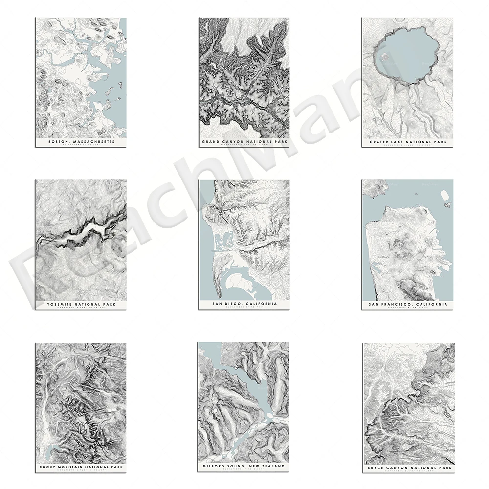 

Milford Sound, Joshua Tree, Boston, Crater Lake, Yosemite, Seattle, Baltimore, Arcadia, Bryce Canyon National Park map print pos