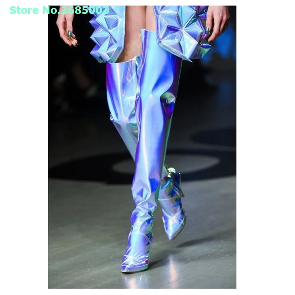 Laser Solid Thigh High Boots Bling Pointed Toe Stiletto Heel Side Zipper Fashion Show Women Party Dress Boots Shoes Spring