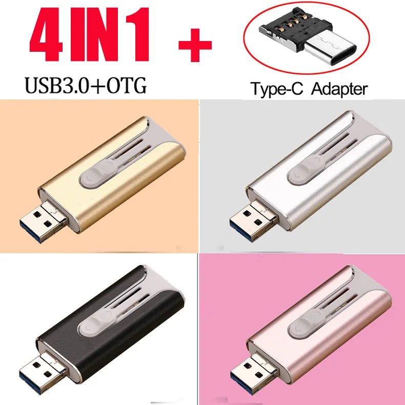 Usb Đèn LED Cổng Usb Cho Iphone Ipad Pendrive 3.0 64Gb Usb 32Gb 128Gb 4 Trong 1 bút Cho Ios Thiết Bị Lưu Trữ Ngoài